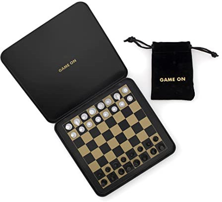 Iron and Glory Travel Chess Set - Magnetic Traveling Mini Chess Set with Aluminum Carrying Case, Black and Gold