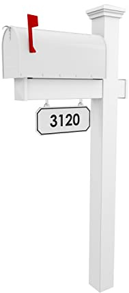 4Ever Products The Jackson Complete Mailbox System - Vinyl/PVC Post (Includes Mailbox) Decorative Curbside Postal Solution with Classic Traditional Style and Hanging Address Plate (White Mailbox)