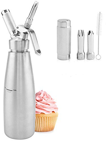 Military Grade Stainless Steel 1 Litre (1000Ml) Whipped Cream Dispenser/Cream Whipper with 3 Decorating Nozzles