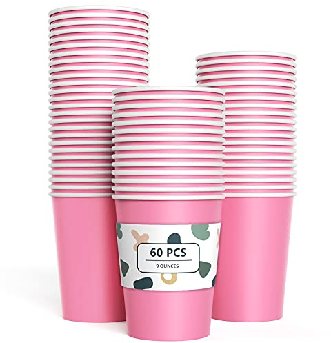 Jinle Lot de 60 gobelets en carton jetables biodégradables et compostables pour fête, anniversaire, bricolage - Rose - 266 ml