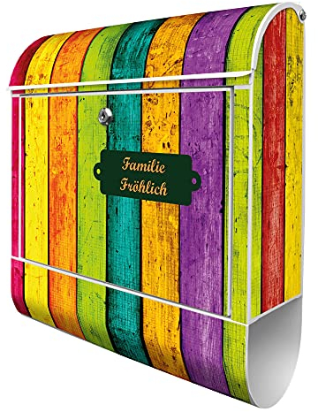 banjado® Design Briefkasten personalisiert mit Bunte Holzlatten 38,5x46,5x13cm & 2 Schlüssel - Briefkasten Stahl weiß mit Zeitungsfach pulverbeschichtet - Postkasten A4 Einwurf inkl. Montagematerial