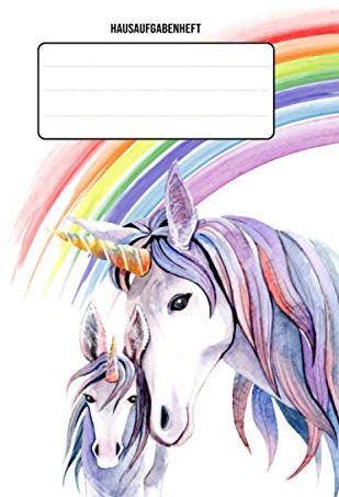 Hausaufgabenheft: A5 für Mädchen und Jungen - Mit Stundenplan und Tageseinteilung für das ganze Schuljahr ohne Datum - 100 Seiten mit vielen Extras - ... mit Einhörnern und Regenbogen als Motiv