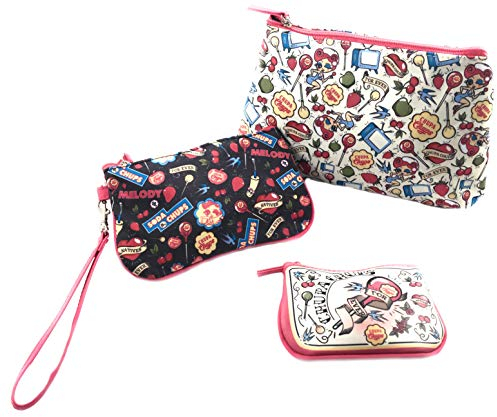 3er Set Schminktaschen Makeup Taschen mit Buntem Retro Vintage Druck