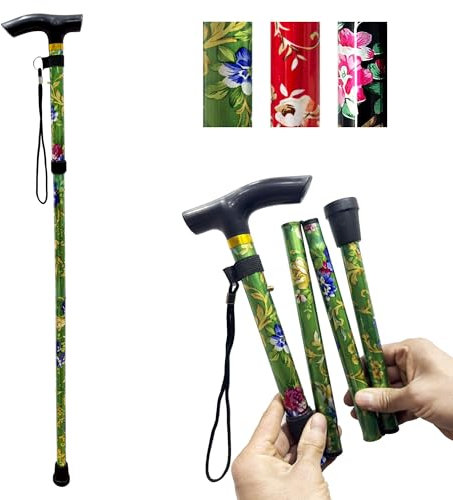 PLASTIFIC Walking Stick, Easy Adjustable Height Folding Extendable Walking Cane, Lightweight Flexible and Durable Walking Aid Mobility Aid Collapsible Walking Stick (Green Flower)