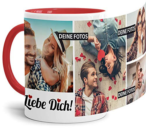 Tassendruck Fototasse mit Spruch - Ich Liebe Dich - zum Selbst gestalten personalisiert mit 4 Fotos, Innen & Henkel Rot, 300 ml