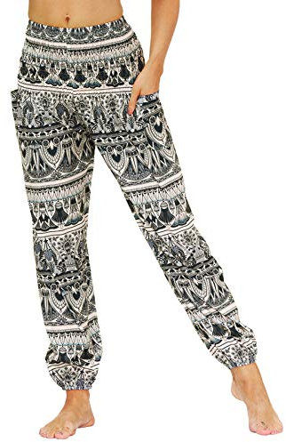 Nuofengkudu Damen Hippie Harems Hose Pumphose Haremshose Aladdinhosen Boho Gemustert Gesmockte Taille mit Taschen Yogahose Freizeithose Sommerhose Strandhose(Y-Muster E,One Size)