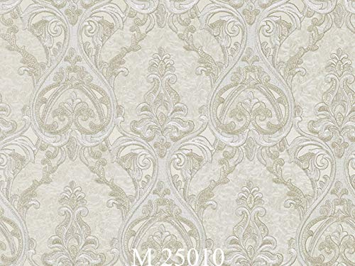 Silver Glitter Pearl White Wallpaper with Damask Pattern and Fabric Effect Texture Murella Bella M25010