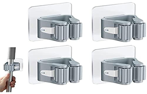 Juliyeh 4 Pièces - Auto-adhésif Porte Vadrouille Accroche Balai Mural sans Perçage Pince à Balai Supports Gris pour Porte Salle de Bain