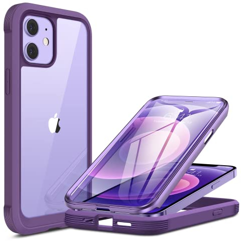 Miracase 360 Grad Hülle Kompatibel mit iPhone 12/12 Pro (6.1 Zoll), Ganzkörper Schutzhülle mit eingebauter Glas Displayschutzfolie, Stoßfeste Fullbody Handyhülle, Lila