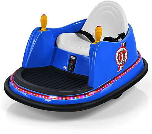 GYMAX 360 Spin Kids Bumper Car, Electric Ride on Toy with Remote Control, Lights, Music and Safety Belt, Children Battery-Powered Vehicle for Indoor Outdoor (Blue)