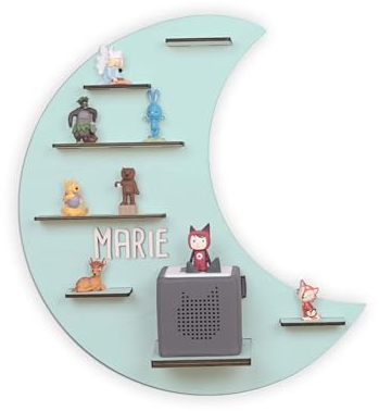 hellomini Regal für die Toniebox Mond Kinderregal für ca. 14 Tonies Hörfiguren – Wandregal für Kinder-Musikbox-Regal personalisiert mit Namen Aufbewahrung Hörspiele Tonie-Box