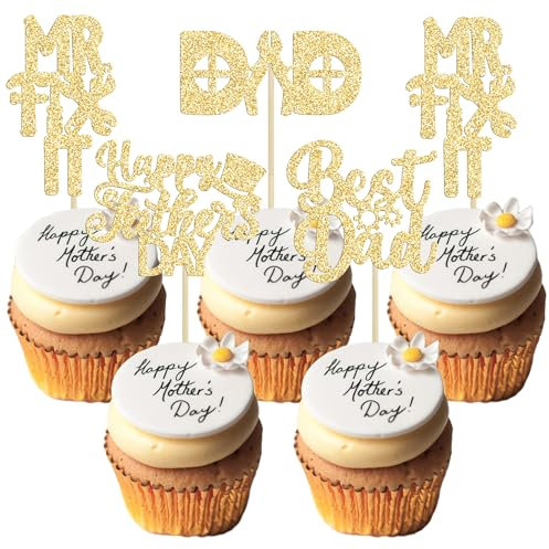 24 PCS Happy Father's Day Cupcake Toppers with Hat Tool Theme Gold Glitter Best Dad Cupcake Picks Dad Birthday Decorations for Fix It Theme Father's Day Dad Birthday Party Supply