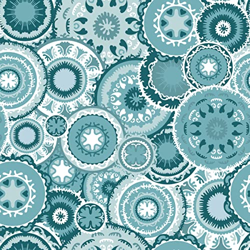 Loussiesd Boho Abstrakter Polsterstoff Meterware, Retro Aqua Mandala Outdoor-Stoff Meterware, böhmischer geometrischer Kreis Dekostoff für Polster und Heimwerkerprojekte, 920 x 150 cm Meter, Türkis