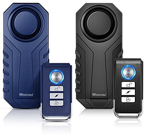 WSDCAM Fahrradalarm 2er-Pack 113 dB kabelloses Diebstahlschutz-Vibrationsbewegungsmeldesystem Fahrzeugsicherheitssystem Wasserdichter Motorradalarm Fahrradalarm mit Fernbedienung – Schwarz & Blau