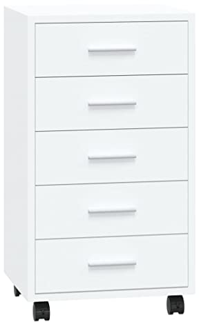 vidaXL Schubladenschrank, Kommode mit 4 Rollen, Schrank Rollcontainer mit 5 Schubladen, Aktenschrank Büroschrank, Modern, Hochglanz-Weiß Holzwerkstoff