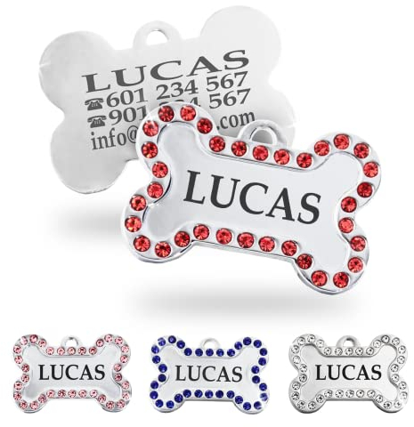 Ibera Gifts - Chapa Perro Grabada De Acero Inoxidable En Forma De Hueso, Tamaño 40 x 26 mm, Placa Perro Personalizada Para Perros Medianos Hasta Grandes (Rojo)