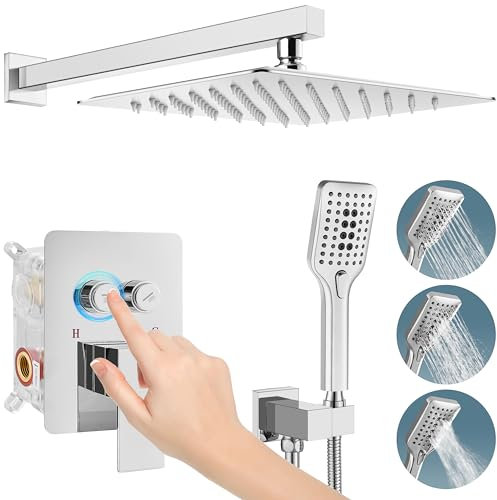 Aolemi Polish Chrom Wandhalterung Duschsystem 10 Zoll Regen Duschkopf Set Druckknopf Umsteller 3 Stufen ABS Handbrause Druckausgleich Rauventil inklusive Badezimmer Dusche Combo
