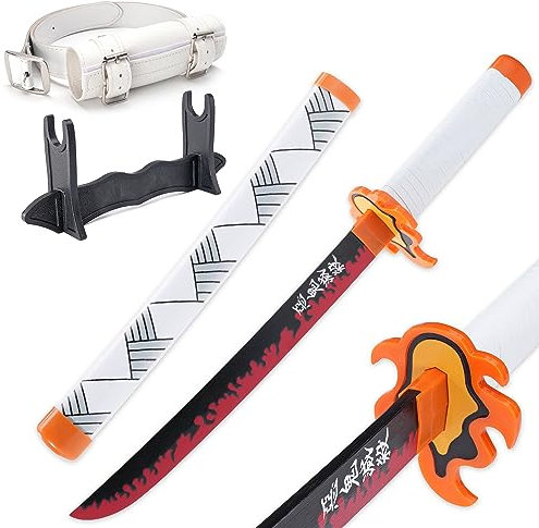 Zisu Demon Slayer Schwert – 59,9 cm Kurze Cosplay-Katana-Nachbildung für Kinder – komplett mit Gürtel, Ständer und originalgetreuem Design – Rengoku-Schwert, ideal für Cosplay und Präsentation