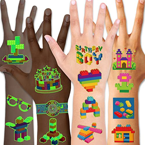 Qpout 8 Blätter Leuchten Im Dunkeln Baustein Temporäre Tattoos für Kinder 95Pcs Leuchtende Bausteine Tattoos Aufkleber für Jungen Mädchen Baustein Geburtstagsfeier Gefälligkeiten Vorräte