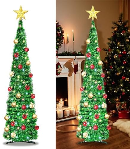 Artificial Collapsible Tinsel Christmas Trees with Lights and 30 Colour Balls, 5ft/1.5m Pop Up Pencil Christmas Trees, Glittering Sparking Xmas Decoration Tree with Stand (Green with balls)
