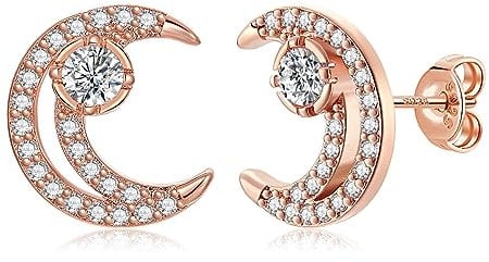 Rose Gold Stud Earrings for Women 925 Sterling Silver Post Moon Stud Earrings with Cubic Zirconia Jewellery for Women Girls
