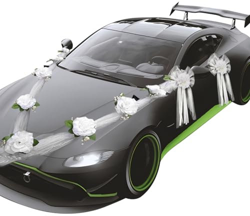 WAYUTO Künstliche Hochzeit Auto Dekorationen Kit Hochzeit Auto Dekor Blumen Hochzeit Auto Band Schleifen Hochzeit Auto Blume Dekorationen für Hochzeit Party