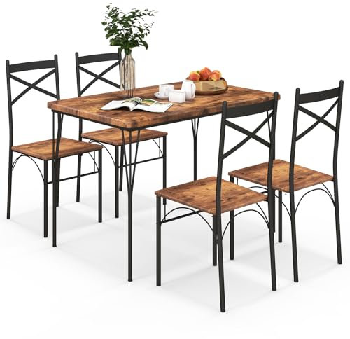 COSTWAY Dining Table and Chairs Set 4, Wood Effect Rectangular Kitchen Table and 4 Chairs with Wide Back, Metal Frame Space Saving Home Dining Room Furniture Set (Rustic Brown+Black)