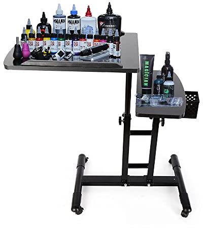 Tattoo Work Station Portable Tattoo Table Adjustable Height and Tilt Angle Tattoo Tray Mobile Tattoo Table Arm Rest Stand Desk Table for Home Beauty Salon Shop