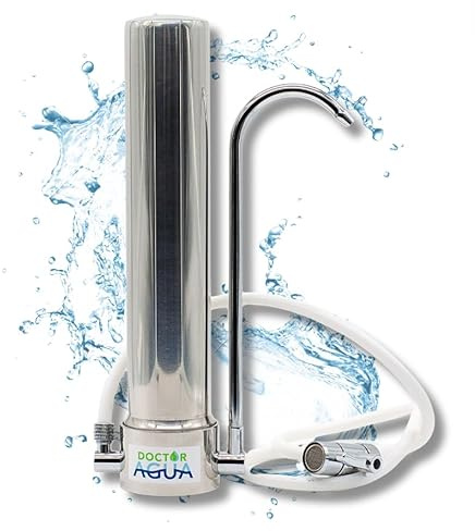 DOCTOR AGUA HCS Ultra Purify Water Filter with Zeolite on Countertop, Stainless Steel, Antiviral Bactericide Removes 99.99% of Contaminants, Preserves Mineral Salts in Water