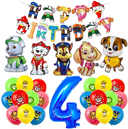 Geburtstagsdeko 4 Jahre Junge, Hund Patrol Geburtstag Deko, Luftballon 4. Geburtstag, Dog Patrol Ballons, Zahl 4 Luftballon, Happy Birthday Banner als 4 Jahre Kindergeburtstag Partydeko