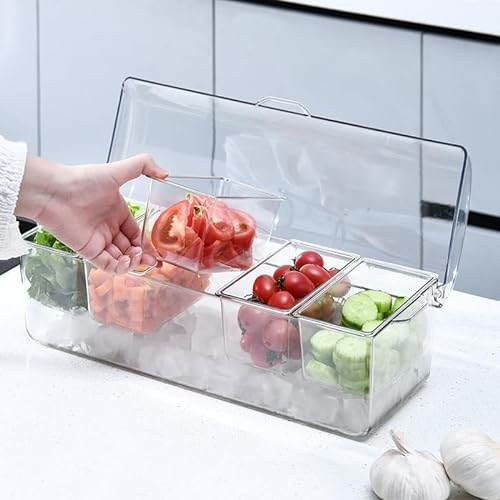 Large Ice Chilled Condiment Caddy,Condiment Holder with Lids and 5 Removable Compartment,Clear Snack Tray with 5 Forks and 2 Clips,Condiment Caddy for Bar Accessories/Salad/Picnics/Parties/Fruit