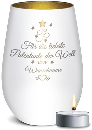 PR Print Royal Weißes Windlicht mit Gravur - Für die liebste Patentante - mit Name Personalisieren - Geschenk für für Patentante | Individuelle Gravur inkl. Teelicht, 450 ml, Innen Gold