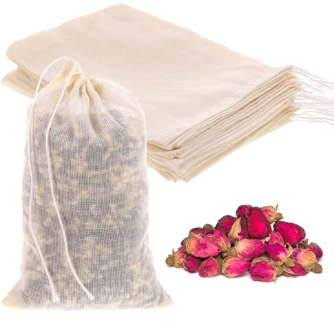 Piriuuo 20 Stück Gewürzsäckchen, Gewürzbeutel zum Mitkochen Teebeutel aus Baumwolle Umweltfreundlich und Wiederverwendbar Musselinbeutel mit Kordelzug für Tee, Kaffee, Filter, Gewürze(10 x 15 cm)