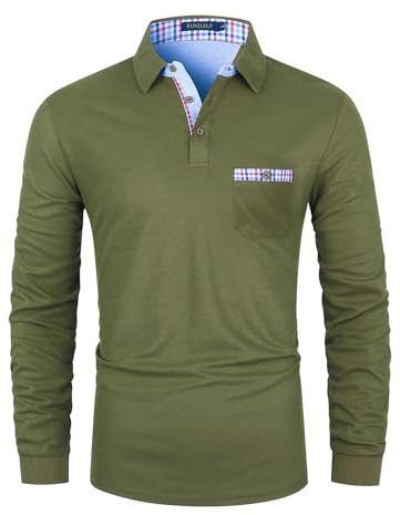 KUNJLELP Men's Premium Long Sleeve Polo Shirt Casual Cotton T-Shirt with Real Pocket,Green 37,M