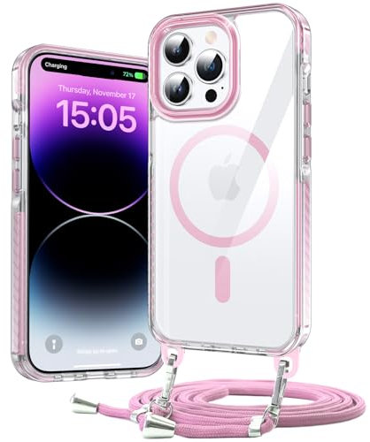 DOSNTO Umhängen Handyhülle für iPhone 14 Pro Hülle mit Magsafe [Abnehmbar Eckenschutz Handykette] Durchsichtig Magnetisch Dünn Case Military Stoßfest Hart Clear Schutzhülle mit Farbig Band Frau Mann