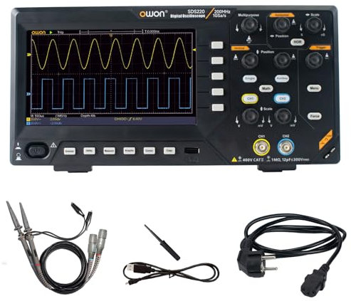 Oscilloscope numérique à deux canaux et écran 7 pouces, écran LCD TFT, oscilloscope portable avec taux d'échantillonnage de 1 GS/s, bande passante de 200 MH (OWON-SDS220)