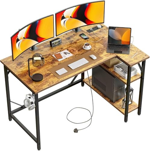 DOMSHOCT Small L Shaped Gaming Desk with Power Outlets, 140x70cm Corner Computer Table with Large Reversible Storage Shelves, Home Office PC Workstation with Hooks for Writing Study, Rustic Brown