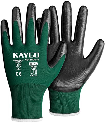 KAYGO 12 pares de guantes de trabajo recubiertos de nitrilo, buena fuerza de agarre, para uso general, albañilería, almacén, automóvil, montaje, jardinería, KG12N (Verde oscuro, XL, Talla 10)
