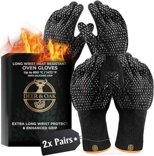 Deer & Oak Long Wrist Heat Resistant Non Slip Oven Mitts (2 Pack) - Up to 800°C / 1472°F Heatproof BBQ Gloves with Silicone Grip, Oven Gloves for Grilling, Cooking, Baking