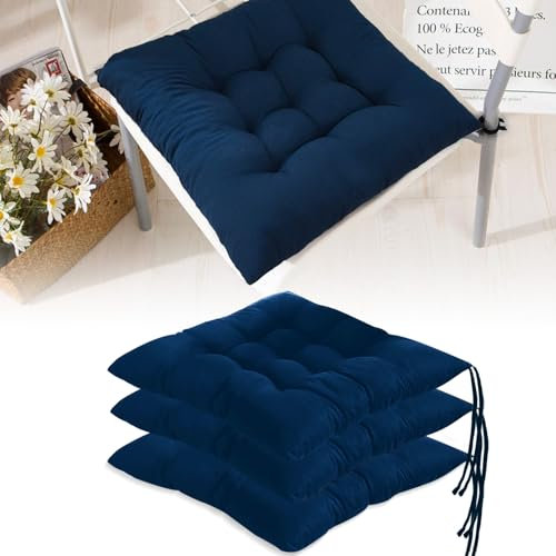 Bocguy Lot de 4 Coussins de Chaise Confortables - 40 x 40 cm - avec Rubans - pour l'intérieur et l'extérieur - pour Salle à Manger, Salon, Salle d'étude, Bleu Marine