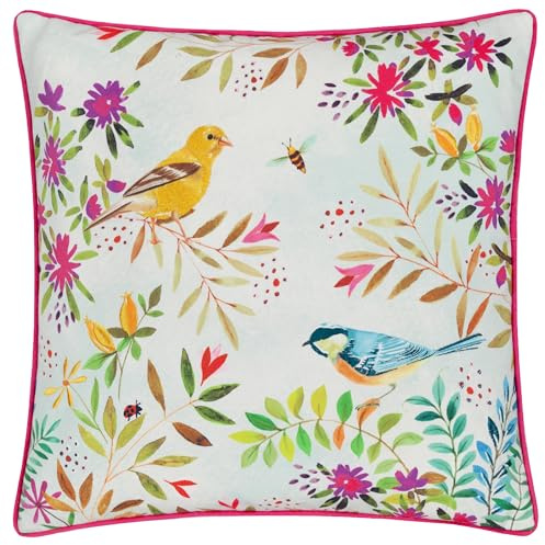 furn. Evans Lichfield Daisy Hill Willow Birds Feather Filled Cushion – Hand Painted Woven Floral Bird Piped Decorative Pillow (Multicolour/Pink – 45x45cm)