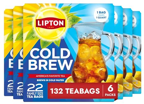 Lipton Cold Brew Black Tea Bags Family Size 6-Pack 132 Total Bags Rainforest Alliance Certified Iced Tea Bags for Smooth Crisp Refreshing Cold Brewing Experience