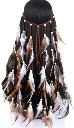 CATOR Serre-tête à plumes style bohème hippie avec pampille Bandeau bohème avec plumes indiennes style hippie années 1920 - Accessoire tribal pour bal masqué pour femme et fille
