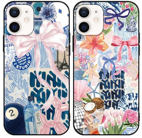 Phoona 2 Pack Cute Bow Case for iPhone 12 Mini 5.4, European Collage Preppy Summer Girly Design Pattern for Girls Women, Slim Soft Silicone Shockproof Bumper Protector Cover, Blue 01