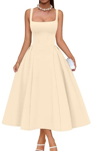 Memoriesea Women's Swing A Line Wedding Guest Party Midi Dress Apricot