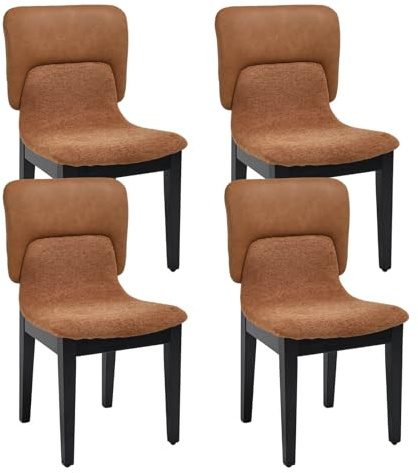 Ya-Home Esszimmerstühle 4er Set Küchenstühle mit Holzbeinen Polsterstuhl mit PU-Leder und Chenille Patchwork Stühle Ohne Armlehne für Esszimmer, Braun