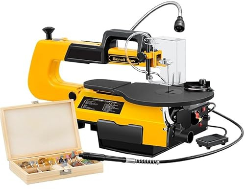 Variable Speed Scroll Saw 180W 50mm Cutting Height, 0-45° Tilting Table, Pin Blades + Flexi Shaft LED Light Foot Pedal, for Wood Plastic Metal DIY & Woodworking