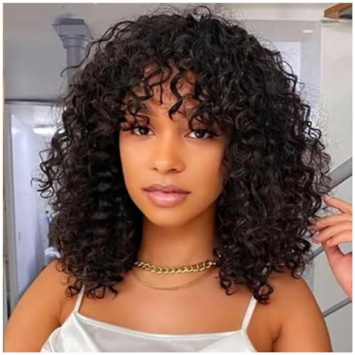 Perruque Cheveux Humain 14 Pouces Short Curly Bob Human Hair Wig with Bangs Glueless Wig with Fringe Machine Made Sans Colle 180 Densité Cheveux Humains Vierges Brésiliens Noir Naturel
