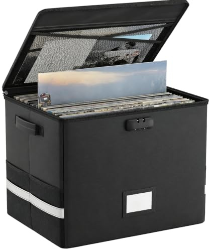 Feuerfest Schallplatten Aufbewahrung Box, Plattenkoffer mit Mit Deckel Griffen Und Schloss Für Bis zur 100+ Schallplatten, Zusammenklappbare Vinyl Schallplattenkoffer für Aufbewahrung Wertvoller Alben