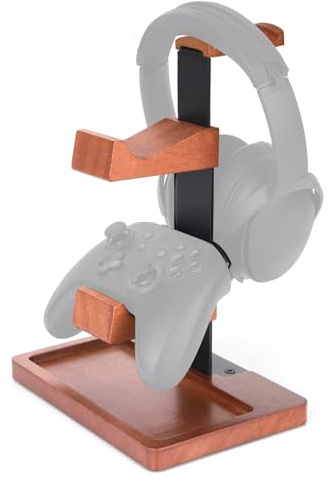 Fukaisu Solid Wood Game Controller Stand & Headphone Holder, Dual Controller Organizer for PS5 Xbox Switch Headset Gaming Equipment Stuff Desk Accessories Room Decor for Son Husband Boyfriend